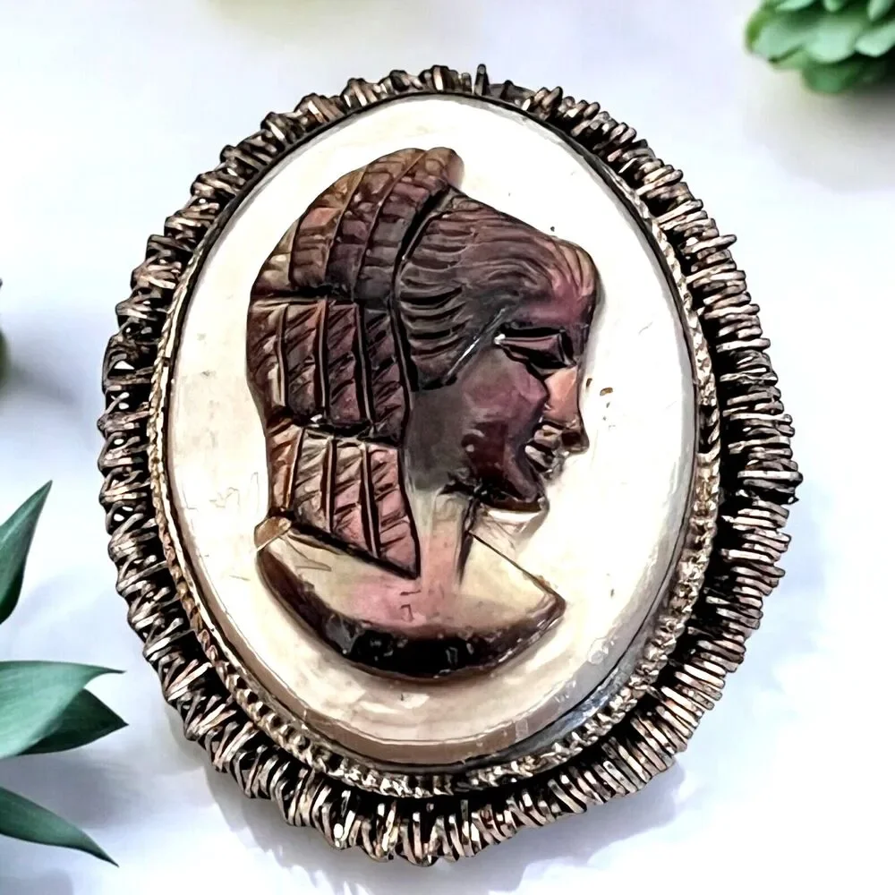 Vintage 1960s Cameo Brooch Pendant Abalone Shell Sterling Silver 925 - 8U